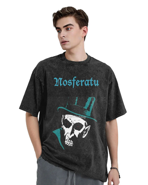 Nosferatu Meme   Washed T-Shirt Mens Horror Movie  Y2K Retro Casual T Shirts Summer O Neck Harajuku Tees Design Big Size Tops