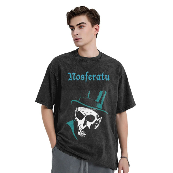Nosferatu Meme   Washed T-Shirt Mens Horror Movie  Y2K Retro Casual T Shirts Summer O Neck Harajuku Tees Design Big Size Tops