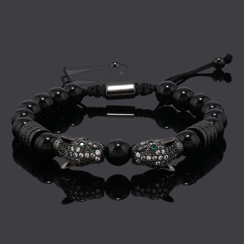 Luxury Black Stone Beads Man Bracelet Leopard Head Charms Women Bracelets