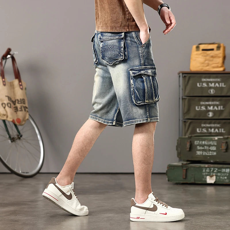 Summer new elastic American retro multi -pocket tools for denim shorts