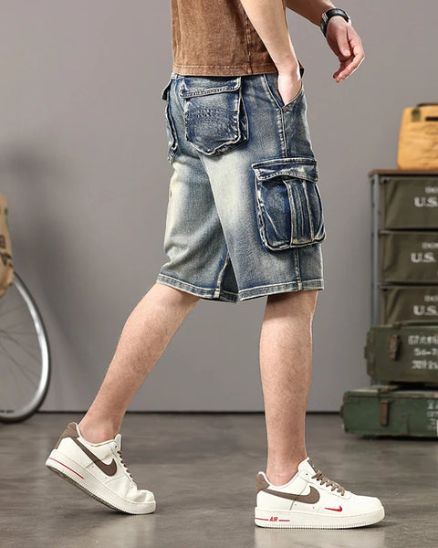 Summer new elastic American retro multi -pocket tools for denim shorts