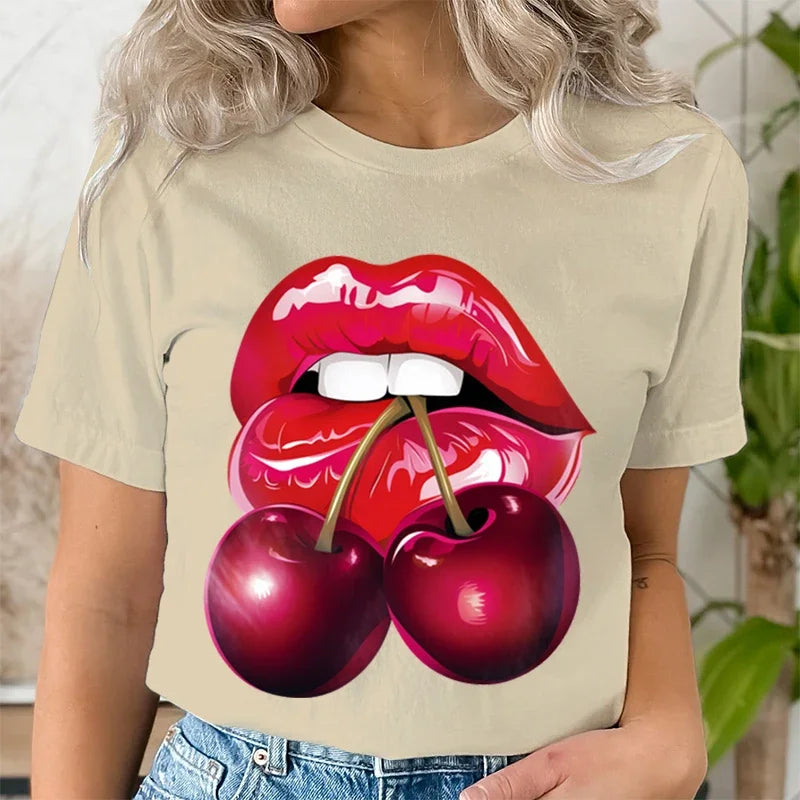 Summer Clothing LIPS CHERRY Print T-Shirts Short Sleeve Ladies Casual Women Fashion Graphic Tee