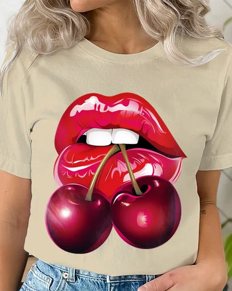 Summer Clothing LIPS CHERRY Print T-Shirts Short Sleeve Ladies Casual Women Fashion Graphic Tee