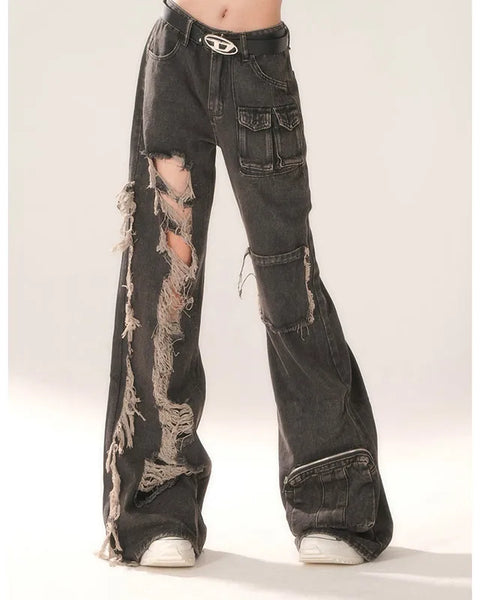 Women's Black Hip-hop Style  Vintage  Baggy Denim Pants