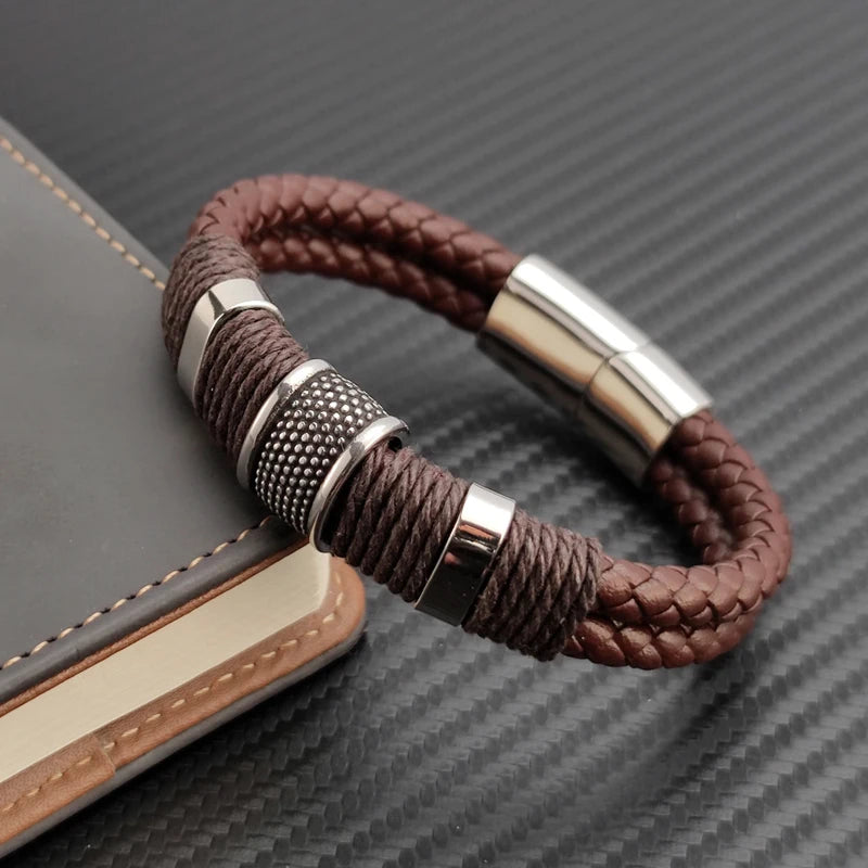 Luxury Vintage Multilayer Brown Leather Stainless Steel  Men Bracelet