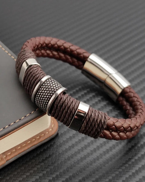 Luxury Vintage Multilayer Brown Leather Stainless Steel  Men Bracelet