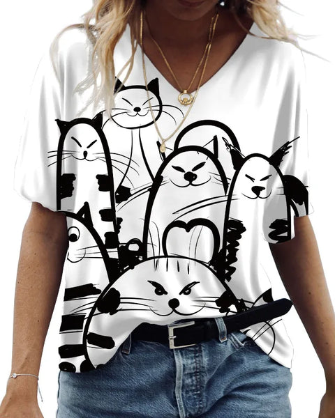 Cute Cats Graphics Print Short Sleeve Fashion Casual Tees