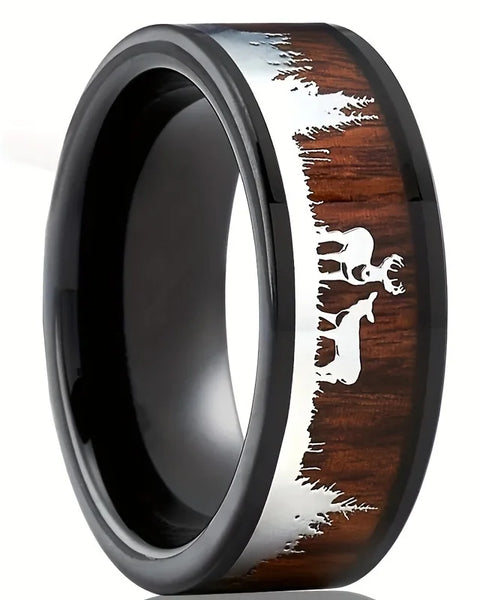 Vintage Koa Wood Inlay Deer Stag Hunting 8mm  Rings