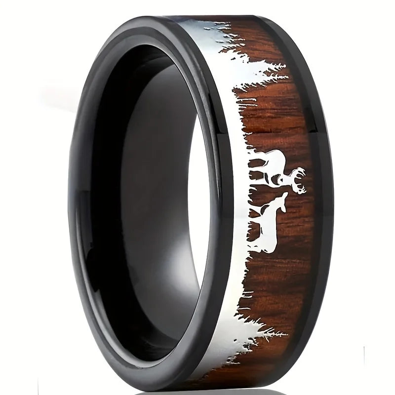 Vintage Koa Wood Inlay Deer Stag Hunting 8mm  Rings