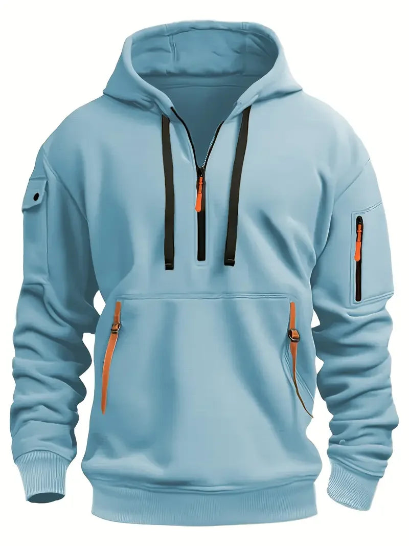 Men's Fashionable Hooded Sweatshirt with Multiple Pockets and Zippers, Casual Long Sleeved Pullover, Regular Fit, Solid Color Kn