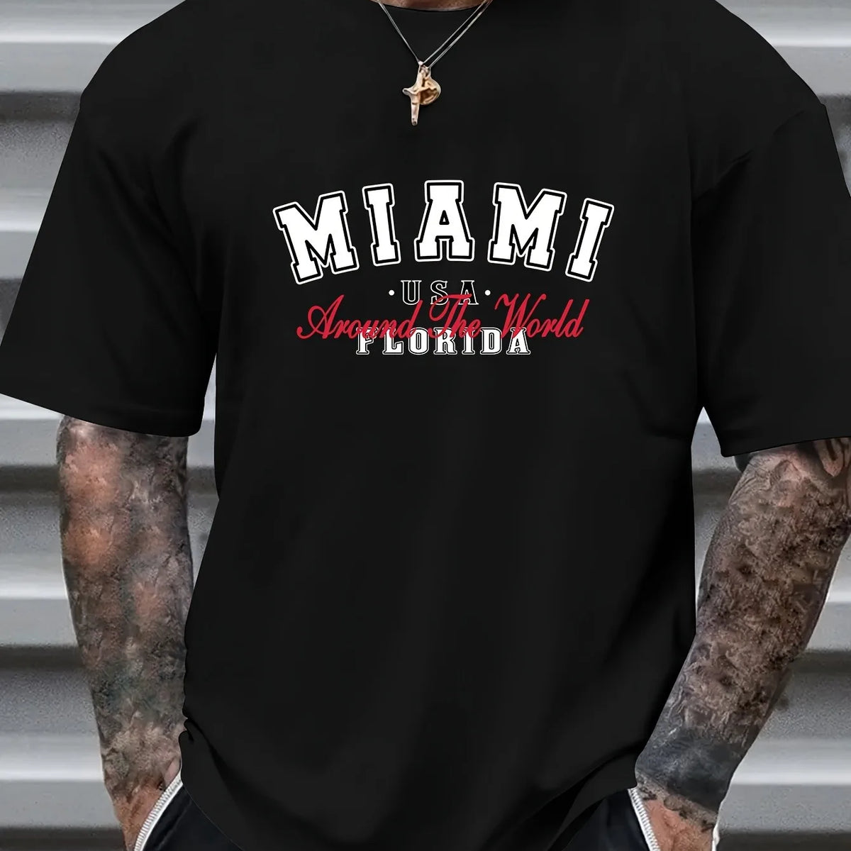 MIAMI Graphic Print Men's Creative Top, Casual Short Sleeve Crew Neck T-shirt, Men's Clothing For Summer Outdoor