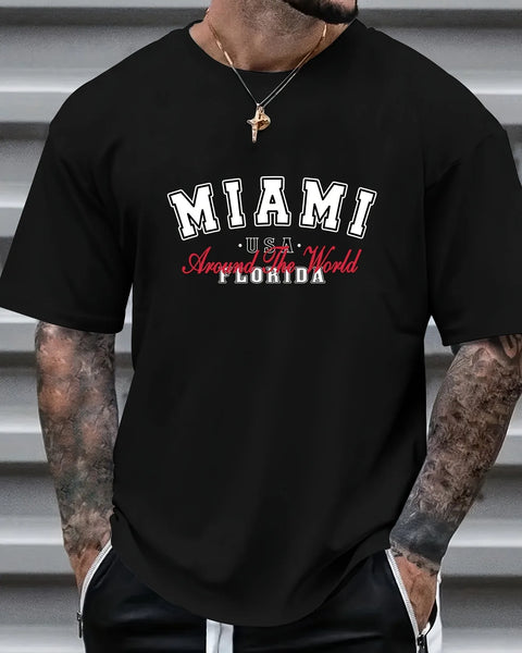 MIAMI Graphic Print Men's Creative Top, Casual Short Sleeve Crew Neck T-shirt, Men's Clothing For Summer Outdoor