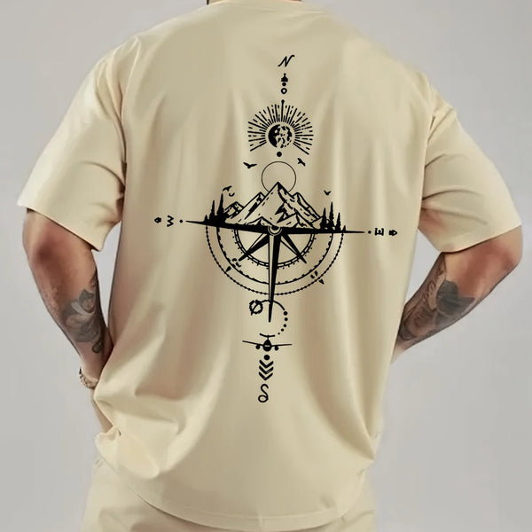 Summer men's 100% pure cotton casual sports loose oversized retro compass printed comfortable round neck short sleeved T-shirt