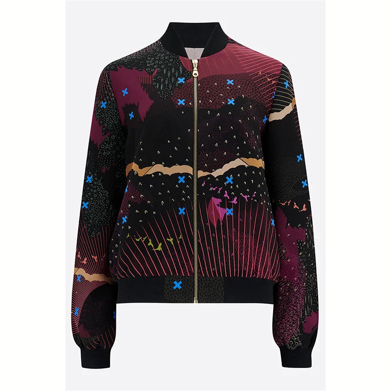 Luxury Retro Print Men's Jacket Black Flower Streetwear Zipper