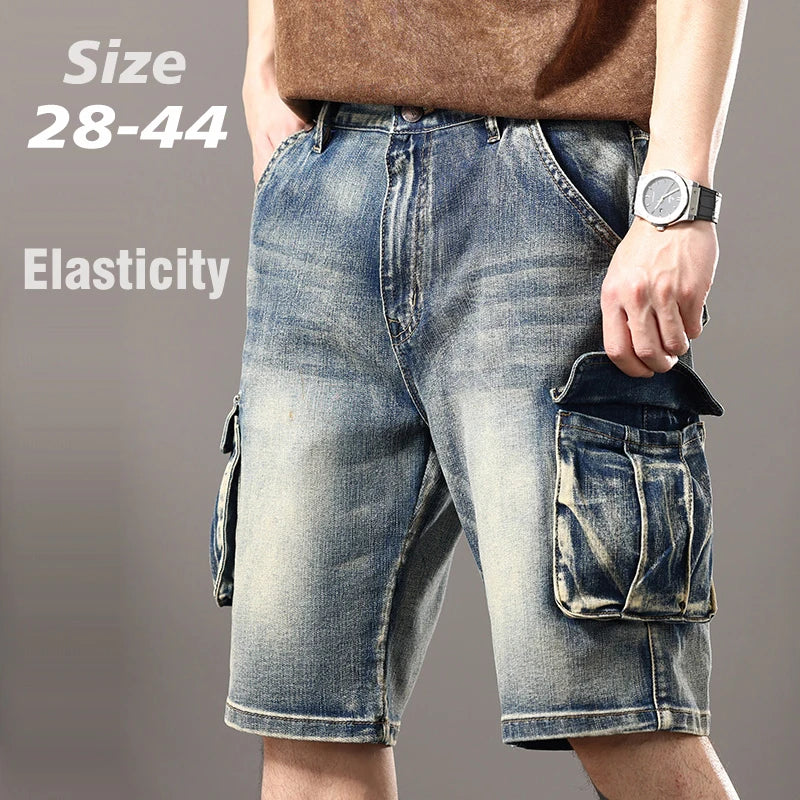 Summer new elastic American retro multi -pocket tools for denim shorts