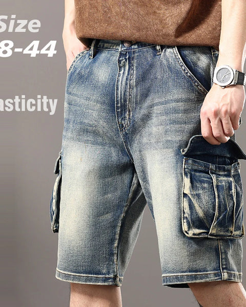 Summer new elastic American retro multi -pocket tools for denim shorts