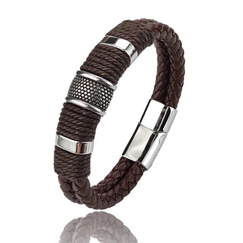 Luxury Vintage Multilayer Brown Leather Stainless Steel  Men Bracelet