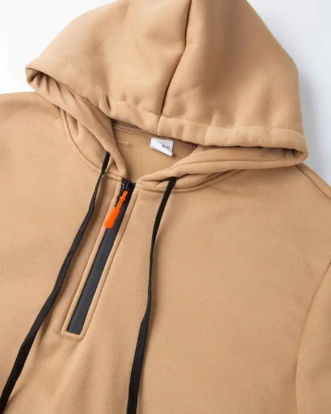 Men's Fashionable Hooded Sweatshirt with Multiple Pockets and Zippers, Casual Long Sleeved Pullover, Regular Fit, Solid Color Kn