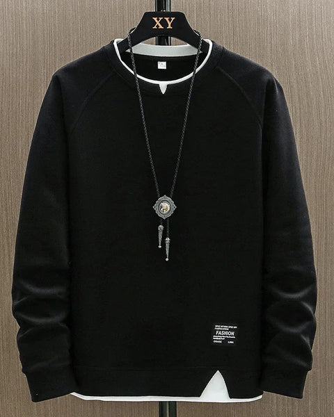 2025 New Mens Casual Sweatshirts Harajuku Solid Color Fashion Fake Two Pieces O-Neck Sweatshirt Hoodies Hip Hop Male Streetwear