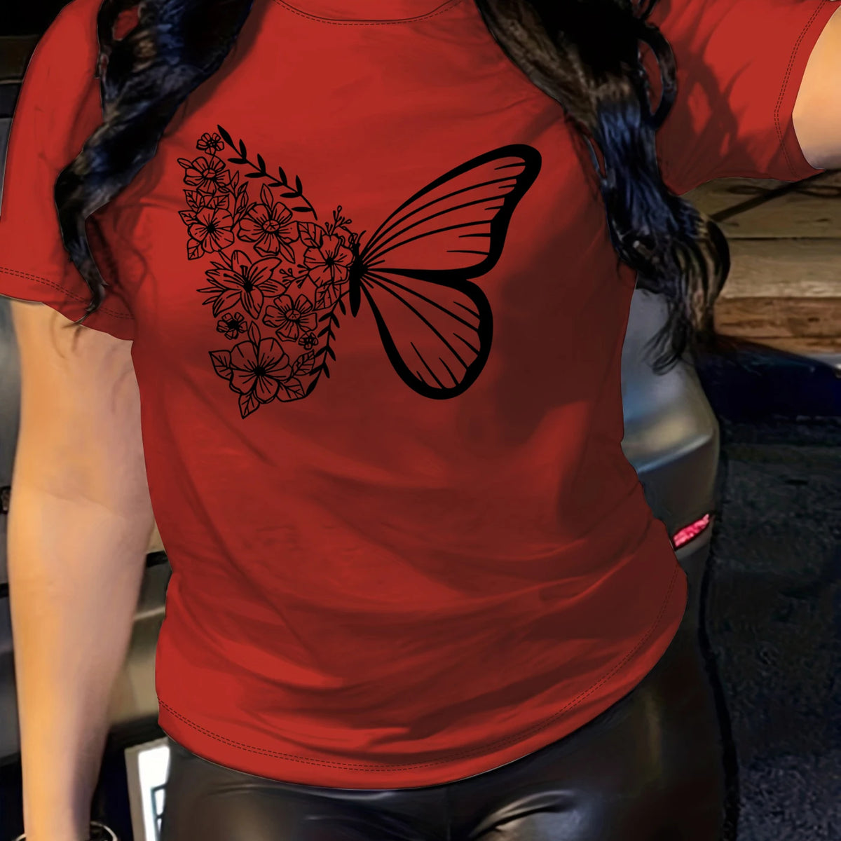 butterfly  print t-shirt, short sleeve crew neck casual top for summer & spring, women's clothing