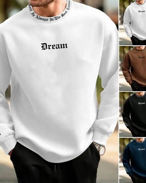 Men Fall Winter Sweatshirt Round Neck Long Sleeve Men Top Letter Print Thick Loose Warm Mid Length Men Casual Top