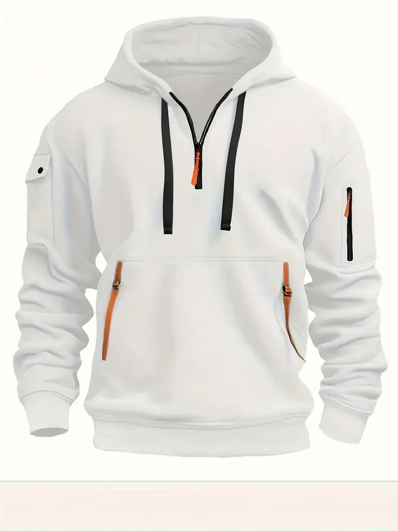 Men's Fashionable Hooded Sweatshirt with Multiple Pockets and Zippers, Casual Long Sleeved Pullover, Regular Fit, Solid Color Kn