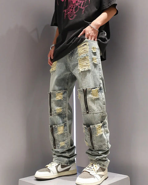 y2k Multi Zipper Pocket Washed and Perforated Jeans for Men American Streetwear  Straight Leg Retro Casual Pants