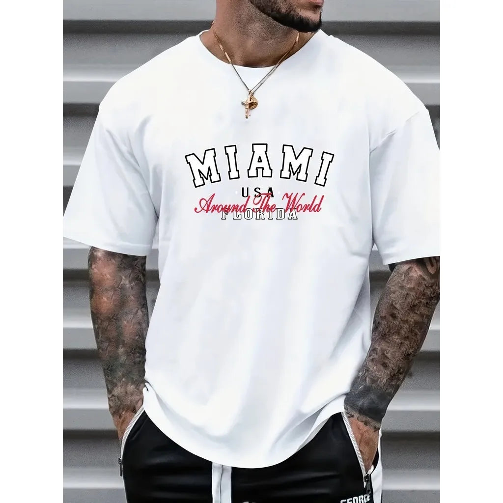 MIAMI Graphic Print Men's Creative Top, Casual Short Sleeve Crew Neck T-shirt, Men's Clothing For Summer Outdoor