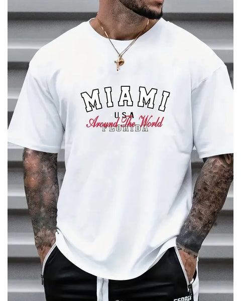 MIAMI Graphic Print Men's Creative Top, Casual Short Sleeve Crew Neck T-shirt, Men's Clothing For Summer Outdoor