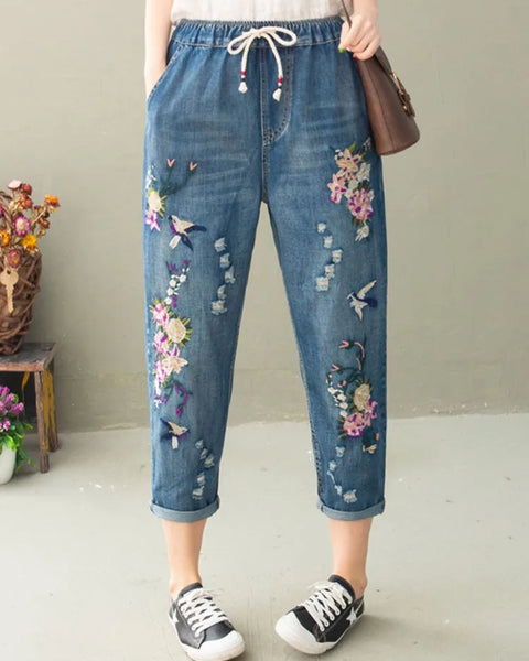 Women's Vintage Floral Loose Denim Pants