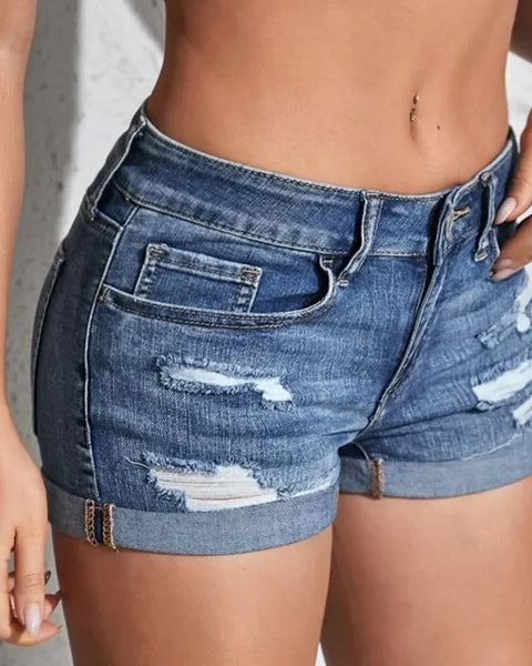 Women's Split Denim Shorts Summer Beach Wild Fashion  Perforated Elastic Slim Fit Casual Shorts