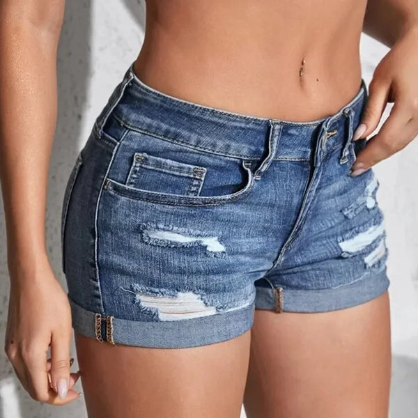 Women's Split Denim Shorts Summer Beach Wild Fashion  Perforated Elastic Slim Fit Casual Shorts