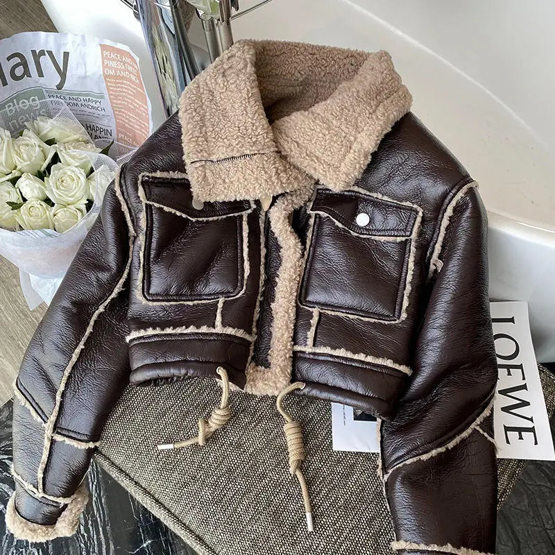 Black Lambs wool Jacket Winter Thickened Plus Velvet Motorcycle Faux Leather Stitching Coat