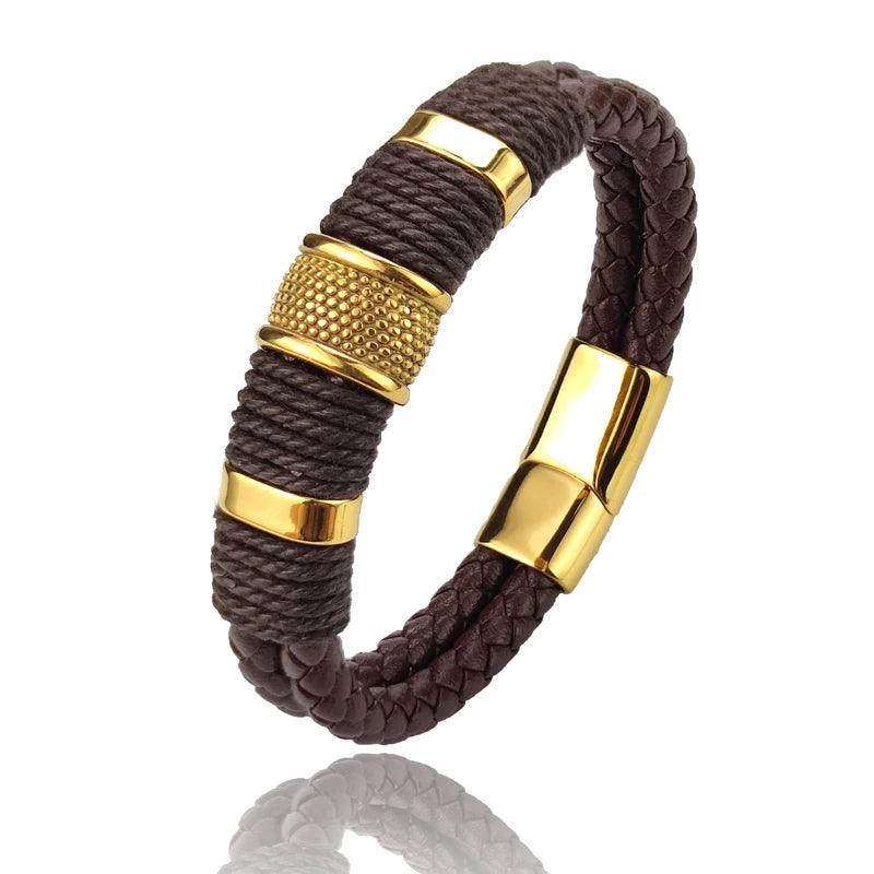 Luxury Vintage Multilayer Brown Leather Stainless Steel  Men Bracelet