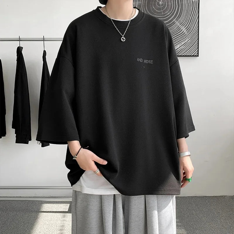 Loose Ice Silk Men's T-shirt Short Sleeve Oversize Feeling Five-Quarter Sleeve Fashionable Casual Summer Crew Neck Top