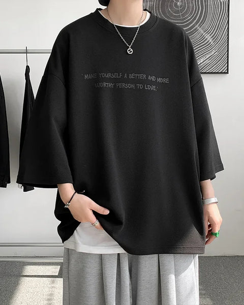 Loose Ice Silk Men's T-shirt Short Sleeve Oversize Feeling Five-Quarter Sleeve Fashionable Casual Summer Crew Neck Top