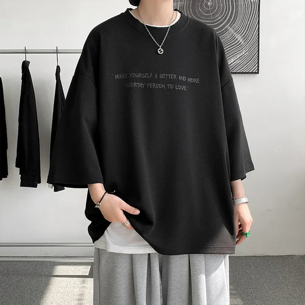 Loose Ice Silk Men's T-shirt Short Sleeve Oversize Feeling Five-Quarter Sleeve Fashionable Casual Summer Crew Neck Top