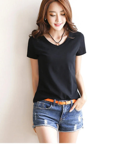 Fashion Women Spring Summer Cotton T-shirt Short Sleeve Female Tee Slim Solid Color T-Shirt Casual Breathable Tops