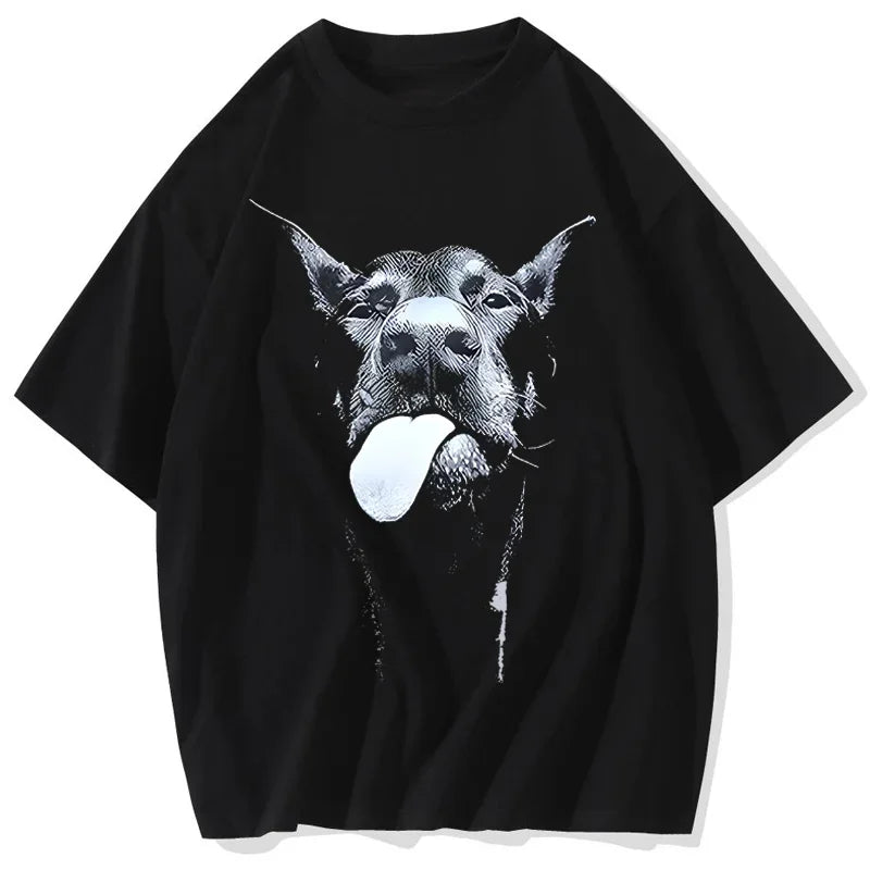 Oversized Summer Vintage  Men Gothic Letter Dog Printed T-Shirt Hip Hop Streetwear