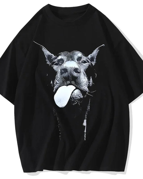 Oversized Summer Vintage  Men Gothic Letter Dog Printed T-Shirt Hip Hop Streetwear