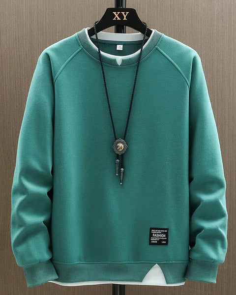 2025 New Mens Casual Sweatshirts Harajuku Solid Color Fashion Fake Two Pieces O-Neck Sweatshirt Hoodies Hip Hop Male Streetwear