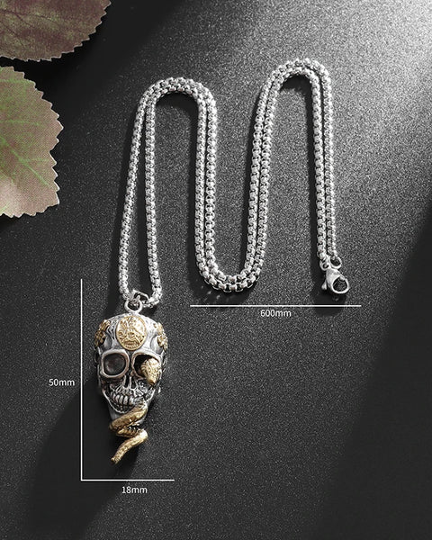 Vintage Gothic Snake Coiled Demon Skull Pendant Necklace