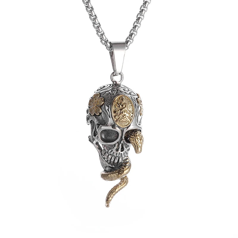 Vintage Gothic Snake Coiled Demon Skull Pendant Necklace