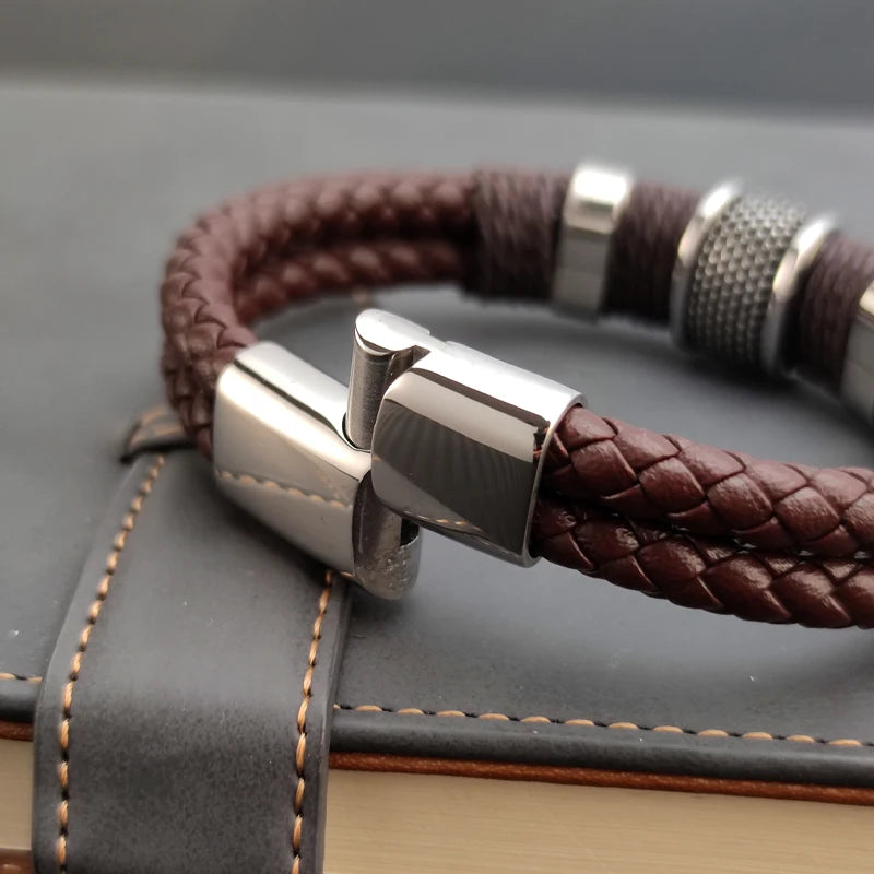 Luxury Vintage Multilayer Brown Leather Stainless Steel  Men Bracelet