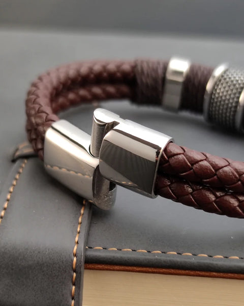 Luxury Vintage Multilayer Brown Leather Stainless Steel  Men Bracelet