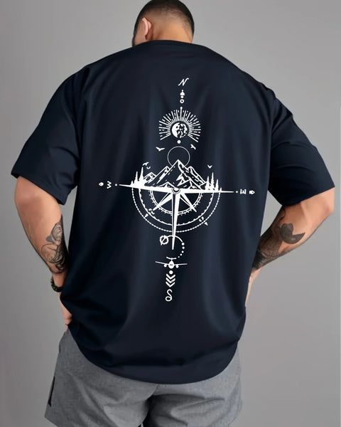 Summer men's 100% pure cotton casual sports loose oversized retro compass printed comfortable round neck short sleeved T-shirt