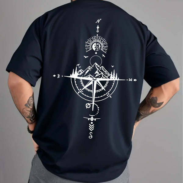 Summer men's 100% pure cotton casual sports loose oversized retro compass printed comfortable round neck short sleeved T-shirt