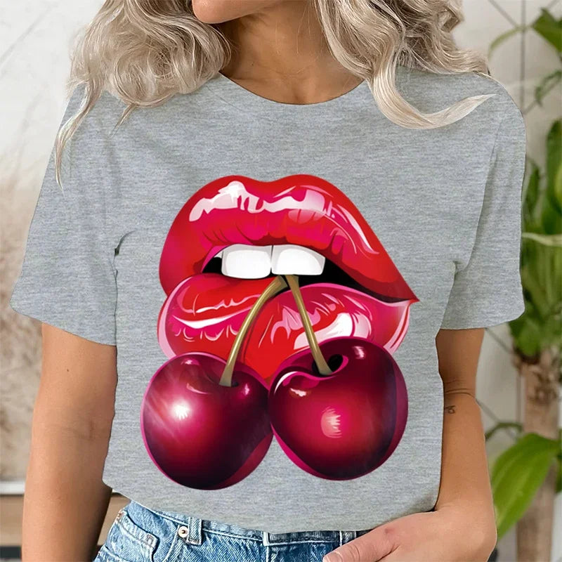 Summer Clothing LIPS CHERRY Print T-Shirts Short Sleeve Ladies Casual Women Fashion Graphic Tee