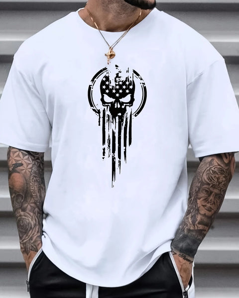 Men's 100% cotton summer fashion casual loose fit oversized Skull pattern printed sports round neck short sleeved T-shirt top