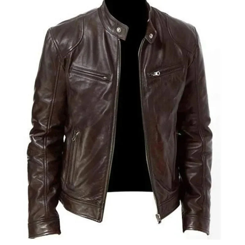 Men's PU Leather Jacket Stand Neck Zipper Slim Fit